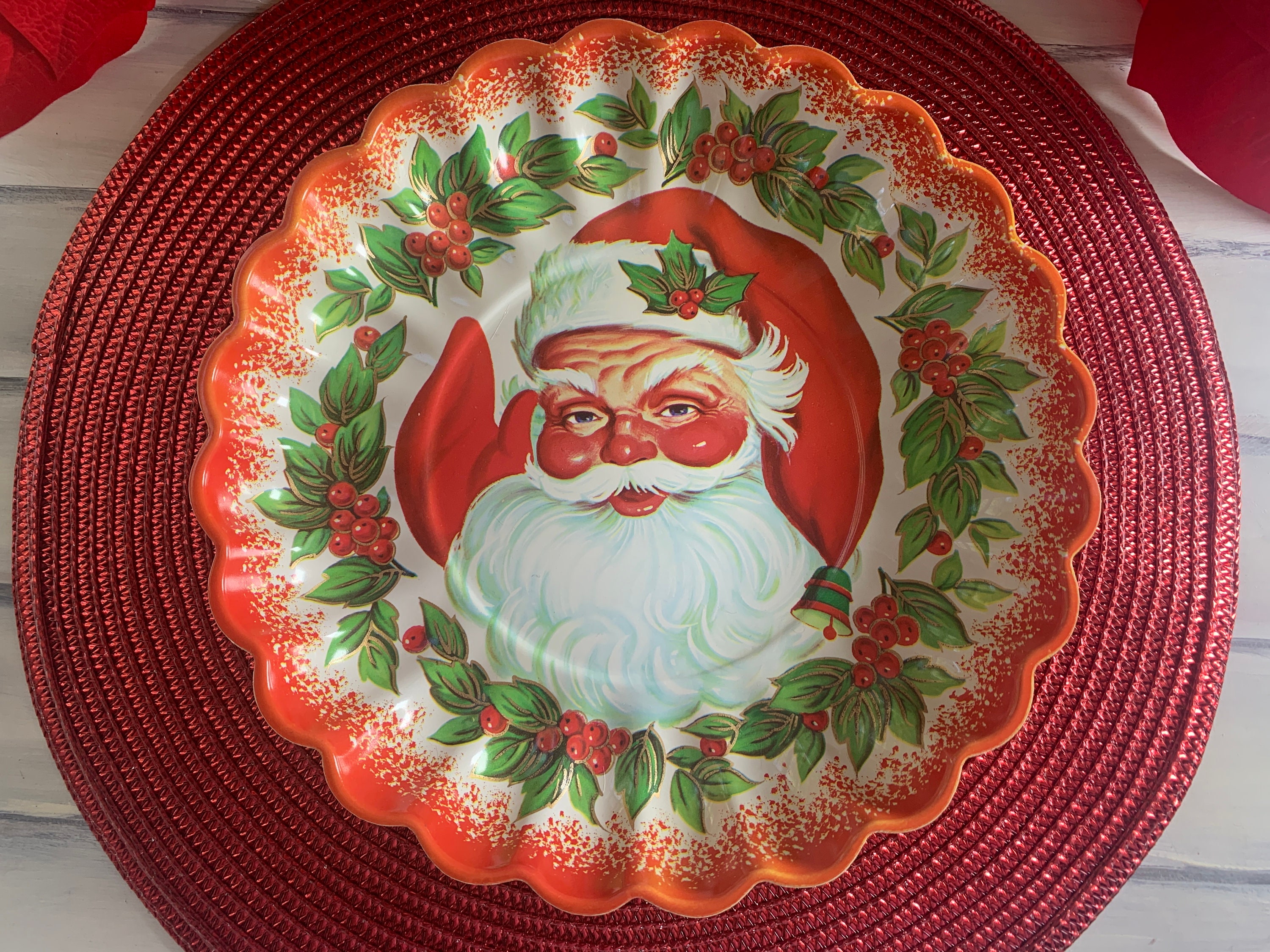 Vintage Plastic Santa Claus Serving Plate, Lot of 2 Kitsch Round