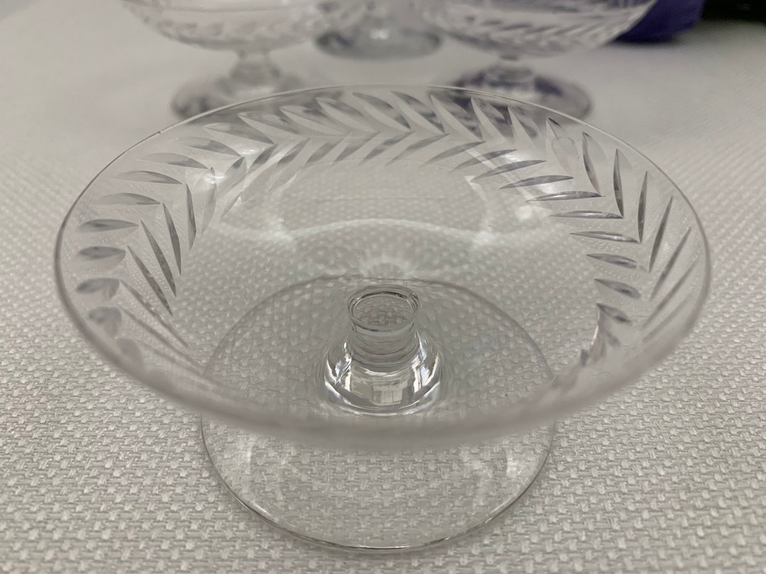 Vintage Individual Crystal Butter Dishes, Etched Pedestal Sauce Bowls