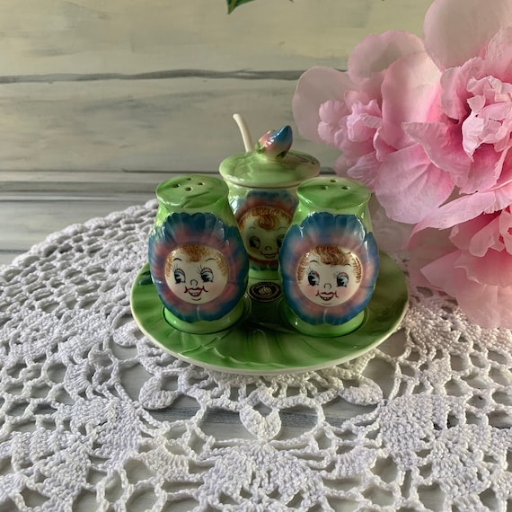 Vintage Minty 1950's PY Coronet Anthropomorphic Flower Cabbage Rose Jam Pot with Salt and Pepper Shakers Tray, MCM Kitsch Japan Collectible