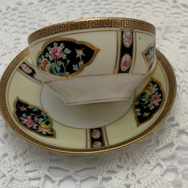 Antique 1900's Nippon Teacup and Saucer, Collectible Hand Painted Black Floral Design, Vintage Kitchen and Home Decor, Gift for Her