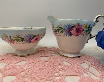 Vintage EB Foley Creamer and Sugar Bowl Set, 'Cornflower' Bone China Made in England, Shabby Cottagecore Chic Farmhouse Decor, Unique Gift