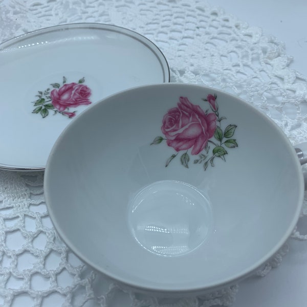 Vintage Imperial Rose Teacup and Saucer, Mid Century Modern Floral China Teacup with Silver Rim, Vintage Cottage Core Table, Gift for Her