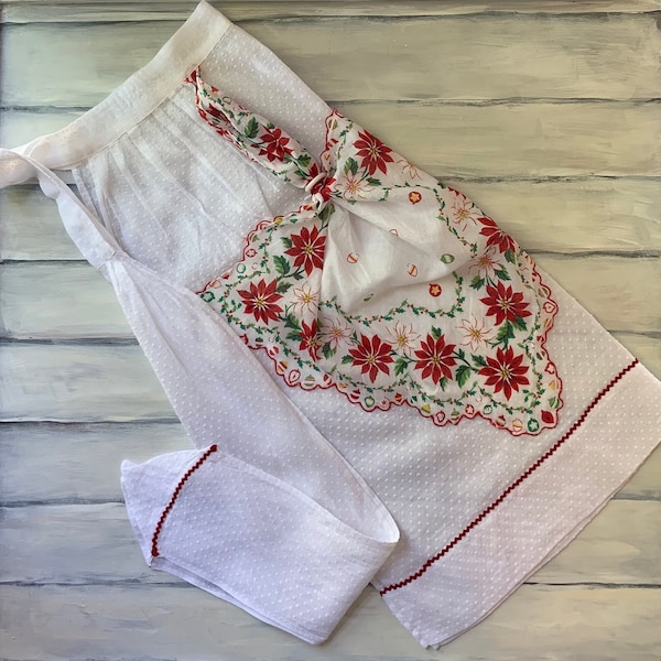Vintage Christmas Half Apron, Handkerchief with Poinsettia Flowers Polka Dots, Sheer Mid Century Modern Holiday Hostess, Farmhouse Kitchen