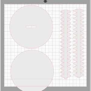 Puede incluir: Una plantilla de corte digital en gris claro. Incluye dos círculos grandes, dos tiras largas en zigzag y un recorte rectangular. El diseño está sobre un fondo de cuadrícula.