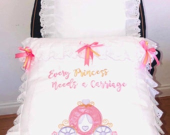 Custom order Doll pram quilt and pillow set, fits Roma Egg doll's pram, round edge quilt 'every princess needs a carriage' , perfect gift