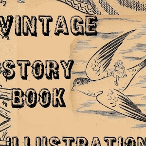 Ilustraciones antiguas de libros de cuentos para niños, dibujos lineales de cuentos de hadas digitales de la década de 1940 para diarios basura, álbumes de recortes, técnicas mixtas y manualidades.