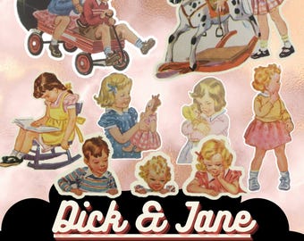 Dick and Jane Sticker Set: 1950s Nostalgia, Junk Journal, Scrapbook (Digital Download)