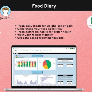 May include: A laptop computer screen displaying a Google Sheets spreadsheet with charts and graphs. The spreadsheet is titled "Food Diary" and includes data on food intake, bathroom habits, and weight loss. The screen also includes the text "Organized Otter" and a cartoon otter.