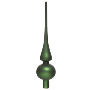 Op de afbeelding: Een groene glazen kerstboomtopper met een puntige top en een ronde basis.