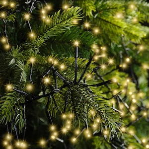 Może przedstawiać: Zbliżenie choinki z ciepłymi białymi lampkami LED. Światła są małe i w kształcie gwiazd, tworząc świąteczny blask na tle zielonych igieł. Widoczny jest czarny przewód.