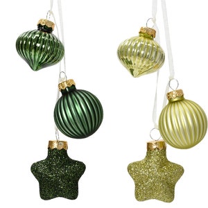 Estrela de enfeites para árvore de Natal, bola, cone em verde - brilhante, fosco e grade, vidro verdadeiro, C.3,5 cm x L.4 cm x A.11,5 cm