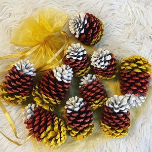 May include: A collection of ten small, glittery pine cones in shades of red, gold, and white. The pine cones are arranged on a gold fabric background.