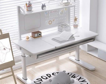 study table organizer YAYATOPIA Kids Desk, Wooden Adjustable Height Ergonomic Study Desk with Tiltable Desktop, Pull Out Storage Drawer for Kids 4-13