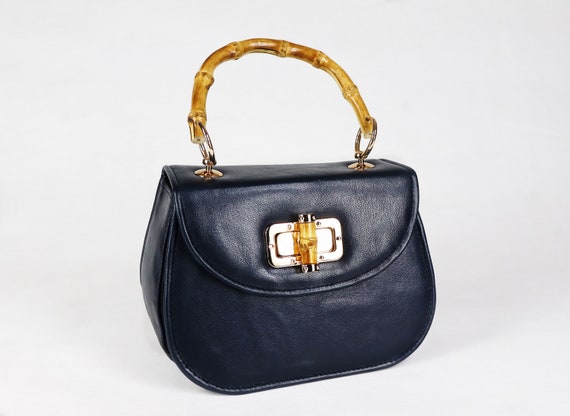 Blue top handle leather bag with bamboo elements, Alvara Blue