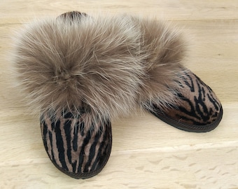 Slippers, Merino wool, Leather gift, Brown slippers, Gift for her, Fur, Nedia Green