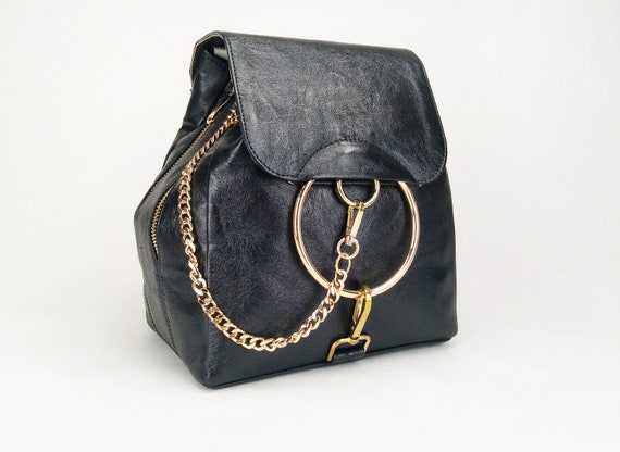 Black Leather Backpack Purse, Small Chain Bag, Handmade  display picture 3