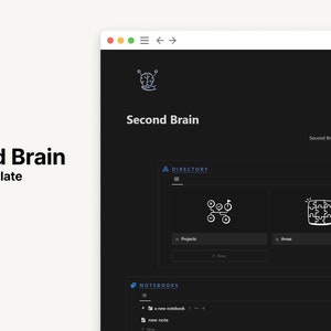 Puede incluir: Una captura de pantalla de un espacio de trabajo de Notion con el título "Second Brain" y un fondo oscuro. El espacio de trabajo está dividido en cuatro secciones: Directorio, Cuadernos, Marcador y Archivos. Cada sección tiene un icono diferente y una lista de elementos.