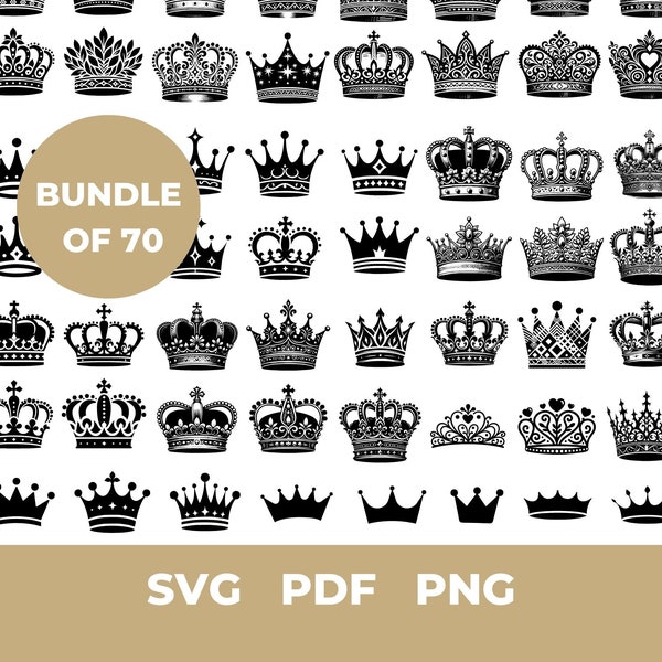 Lot de 70 couronnes SVG | Couronne SVG | Couronne Silhouette SVG | Couronne de la reine svg | Fichier svg couronne royale pour travaux manuels, création et plus encore