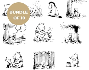 May include: A black and white illustration set of Winnie the Pooh and Piglet in various scenes. The set includes 10 images, each featuring a different moment from the classic story. The illustrations are simple and charming, perfect for adding a touch of whimsy to any project.