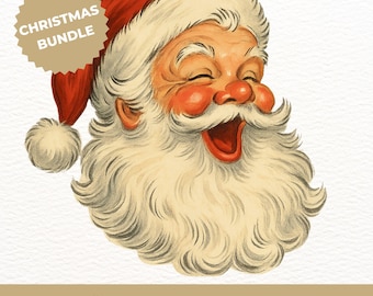 Paquete de imágenes PNG de Papá Noel vintage / 7 cabezas de Papá Noel navideñas retro / Imágenes prediseñadas navideñas en acuarela