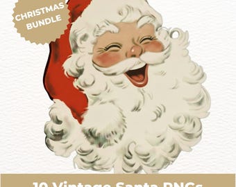 May include: A vintage illustration of Santa Claus, featuring a red hat and a white beard, smiling broadly. The image includes a "Christmas Bundle" sticker and text: "10 Vintage Santa PNGs".