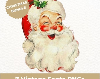May include: A vintage illustration of Santa Claus, featuring a red hat, white beard, and rosy cheeks. The image includes the text "Christmas Bundle" and "7 Vintage Santa PNGs". The Santa Claus illustration has a smiling expression and is decorated with holly.