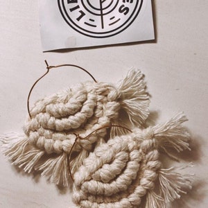 Half moon macrame hoop earrings, fiber art fringe jewelry