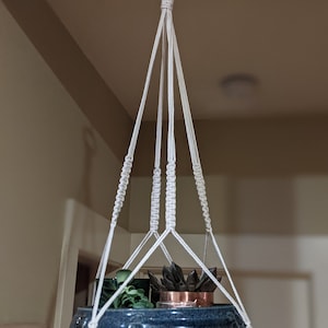 May include: A white macrame plant hanger with a blue ceramic pot and green plants hanging from the ceiling.