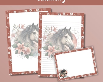 Horse Printable Stationery Set, Horse Writing Paper, Lined / Unlined Writing Paper, Printable Letter & Envelope (PDF)