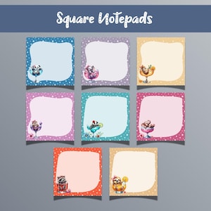 Può includere: Blocchi per appunti quadrati con bordi colorati e illustrazioni di animali in bicchieri da cocktail. Ogni blocco per appunti ha un centro vuoto per le note. I blocchi per appunti sono in tonalità di blu, viola, giallo, rosa, arancione e beige.