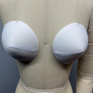 May include: A pair of white fabric bra cups on a dress form.