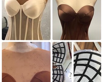 May include: A close-up of a brown and white corset with a mesh overlay. The corset is on a white mannequin. The image also shows a close-up of a brown corset with a mesh overlay, a close-up of a brown corset with a mesh overlay on a mannequin, and a close-up of a white fabric with a black grid pattern.