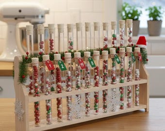 24er Reagenzglasständer aus Buchenholz. Retro/Vintage Design mit 24 Reagenzgläser 160 x 16mm und Naturkorken