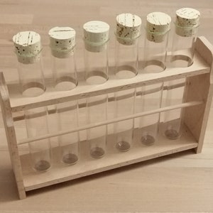 Spice jar stand/test tube stand in retro/vintage design made of beech wood with 6 test tubes 200 x 30 mm natural corks ideal as spice jars