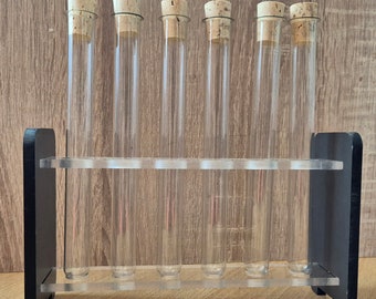 Reagenzglasständer aus Acryl ,beschreibare Seitenteile mit 6 Reagenzgläser 160x16 mm und Korken für Gewürze, Labor, Küche im modernem Design