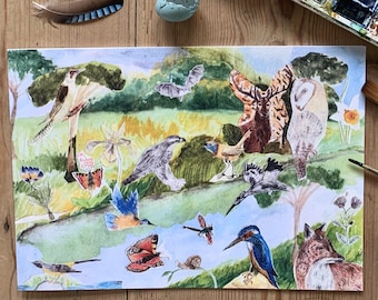 Riverbank A5 Greetings Card. Collage,  paintings and drawings.  Age 7