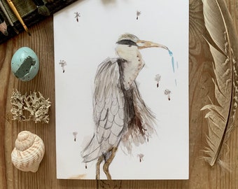 Heron, A6 Greetings Card. Pencil and watercolour on paper, Age 6