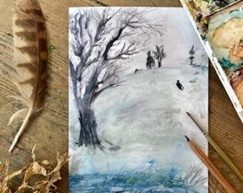 A5 Greeting Card, Snow Tree, Pencil and watercolour on paper, Age 10