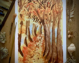 Autumn Lane A5 Greetings Card. Pencil and watercolour on paper Age 7