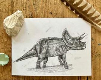 Triceratops, A6 Greetings Card, Pencil on paper, Drawn aged 9