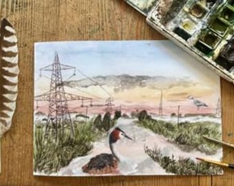 Minster Marshes, A5 Greeting Card, Pencil and watercolour, Painted age 11