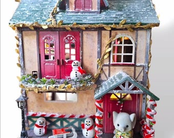 Winter 3 Storey House, Dolls Cottage, Sylvanian Families, Christmas, Snow, Victorian Lighting, Elephant Family, Figures & Furniture