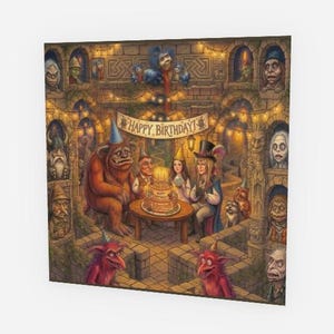 May include: A vibrant illustration shows a birthday celebration with characters around a cake. The artwork includes a banner reading "HAPPY BIRTHDAY!" and is set in a whimsical, fantasy-themed environment with various creatures and architectural details.