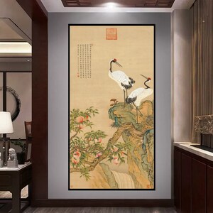 Peach and Crane Giclee Print by Zou Yigui - Chinese Art Poster