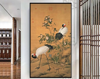 Chinese antique painting replica, Giuseppe Castiglione(郎世寧), giclee print, Crane painting art, handcrafted silk hanging scroll, Wall art