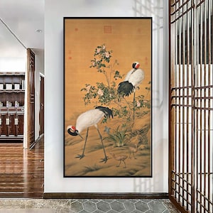Giuseppe Castiglione Crane Painting: Chinese Silk Scroll Art Print