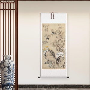 Zhou Yi Gui bloemen en vogels schilderij gicleeprint - zijden hangende rol