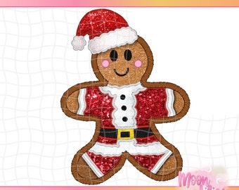 Gingerbread Faux Embroidery PNG Digital Design Download, Santa Gingerbread PNG, faux embroidery png, Faux Glitter Design, Cute Gingerbread