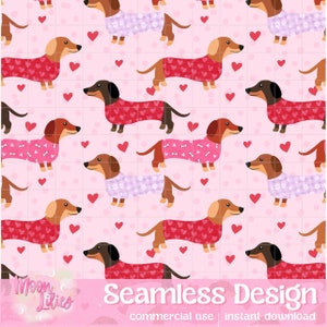 Puede incluir: Patrón sin costuras con perros salchicha de dibujos animados que llevan suéteres con diseños de corazones y huesos. Los perros son de varios colores, sobre un fondo rosa con corazones rojos y lunares. El texto "Seamless Design" está en la parte inferior.