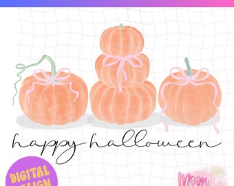 Halloween feminino PNG, design de sublimação de outono com laço rosa, Halloween estético suave PNG, abóbora coquete, temporada de abóbora, feliz dia das bruxas